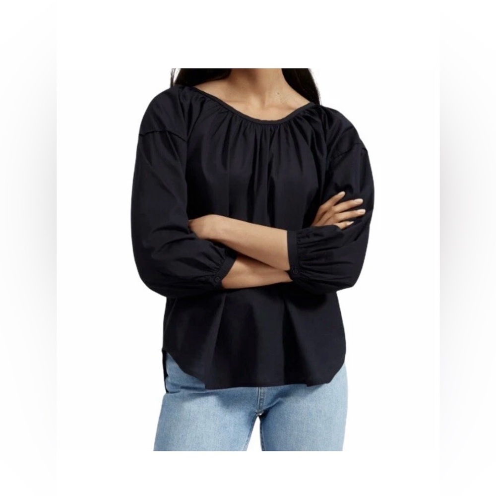 Everlane  Ruched Boatneck 3/4 Sleeve Blouse Lightweight Cotton Black Size 10